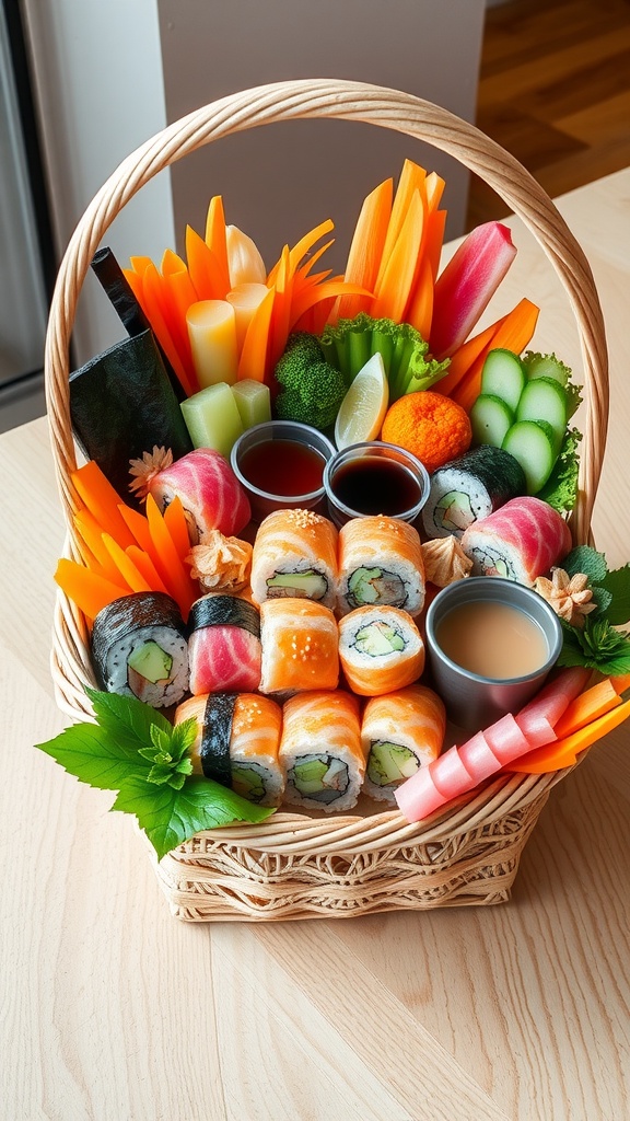 A sushi gift basket filled with sushi rolls, vegetables, and sauces, beautifully arranged for gifting.